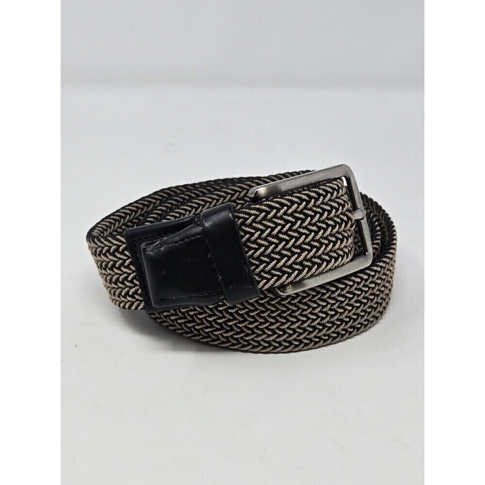 TOMMY BAHAMA STRETCH KHAKI & BLACK WOVEN FABRIC & LEATHER BELT MENSWEAR MEN L/XL
